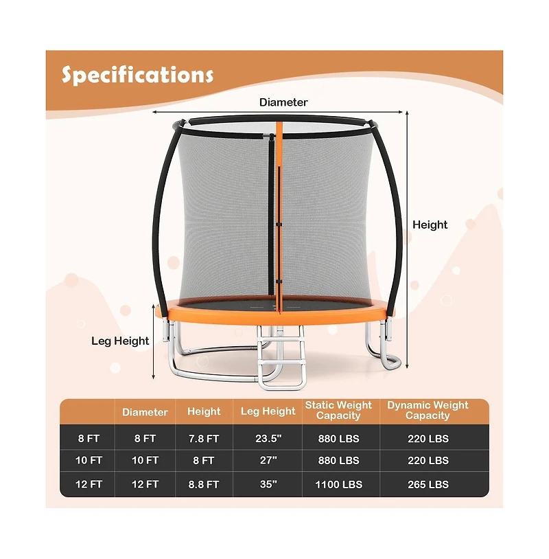 Ruie Outdoor Recreational Trampoline with Safety Enclosure Net Ladder