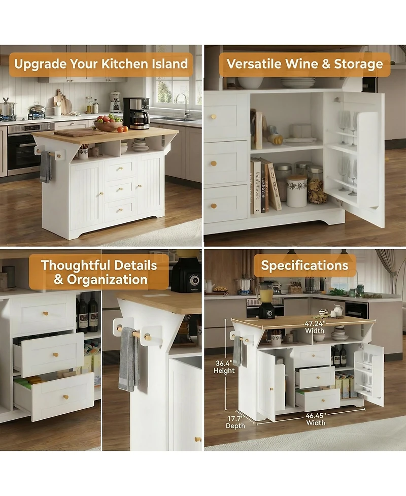 Clihome Rolling Kitchen Island with Power Outlet, Spice Rack and 2 Drop Leaf