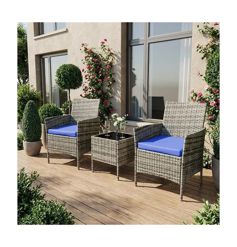 gaomon 3-Piece All-Weather Pe Rattan Outdoor Set with Cushions and Glass Table