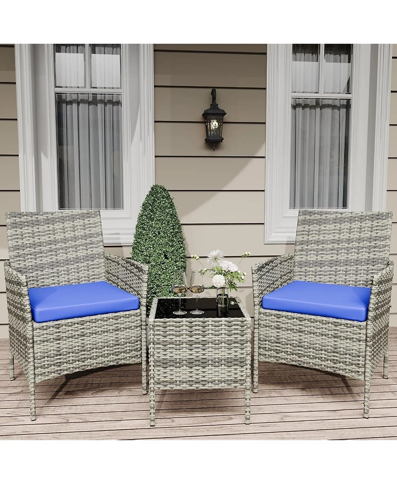 gaomon 3-Piece All-Weather Pe Rattan Outdoor Set with Cushions and Glass Table