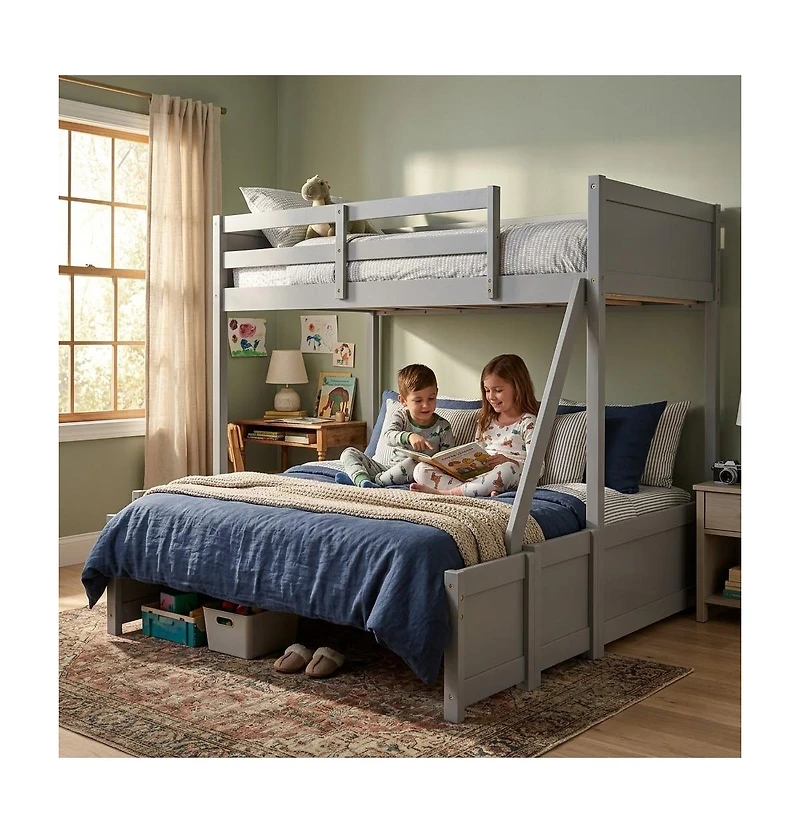 Slickblue Wooden Twin Over Bunk Bed with 3-Step Ladder and Protective Guardrails