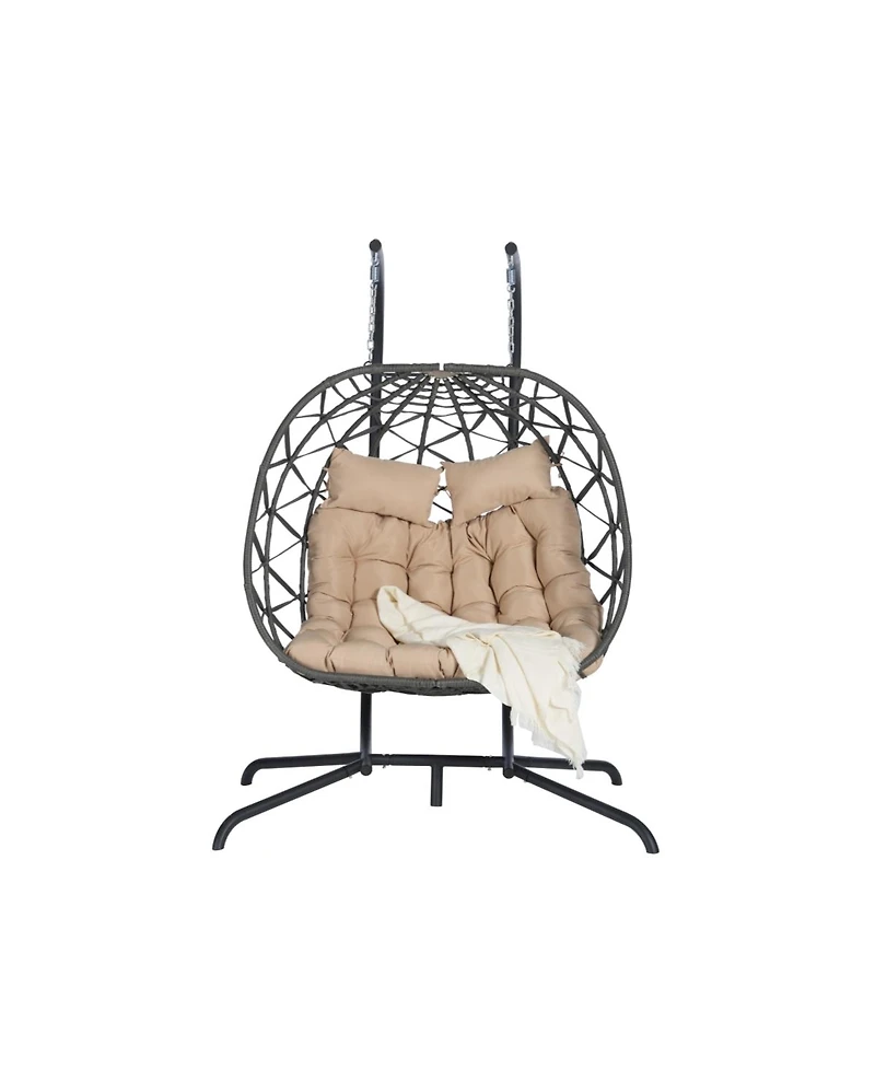 Asagikoiai Outdoor Double Egg Chair with Stand and Cushions, Hanging Wicker Patio Swing