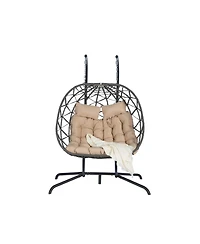 Asagikoiai Outdoor Double Egg Chair with Stand and Cushions, Hanging Wicker Patio Swing