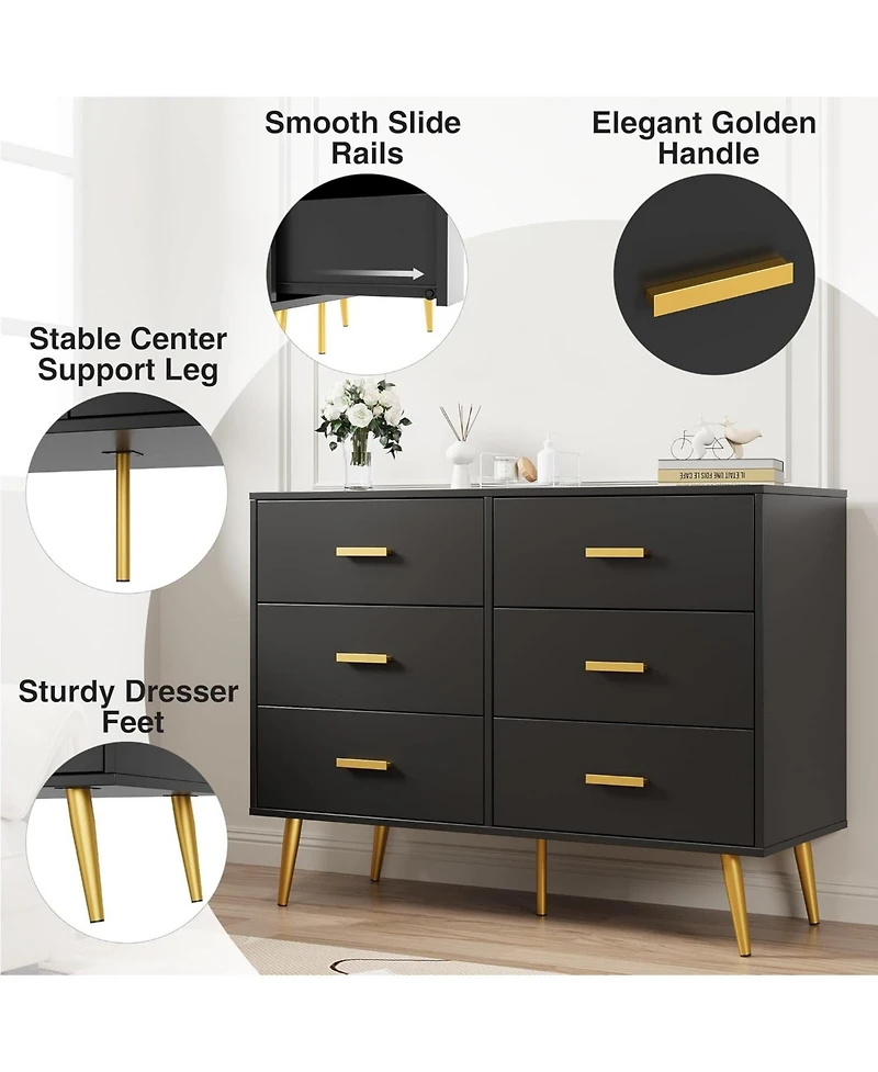 gaomon 6-Drawer Modern Wood Dresser with Handles, Deep Storage