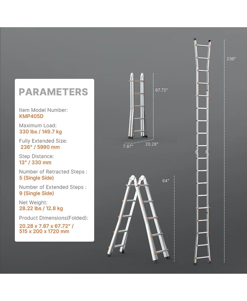 Mecale 20 feet Telescoping A-Frame Ladder, Compact Aluminum Multi-Function Extension Ladder, Collapsible Design, 330 lb Load Capacity