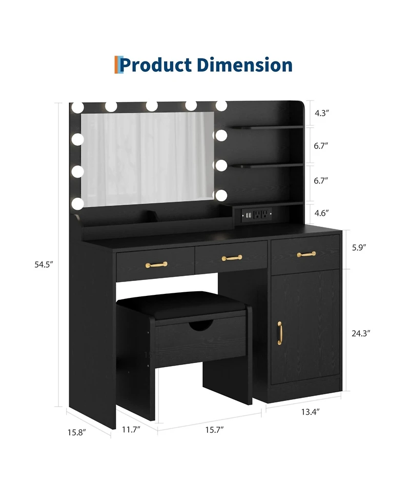 gaomon Vanity Desk with Mirror and Lights, Set Upholstered Storage Stool, Makeup Power Outlet 11 Led Bulbs, Dressing Table