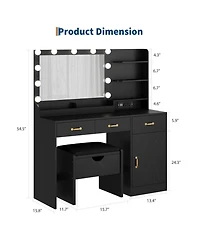 gaomon Vanity Desk with Mirror and Lights, Set Upholstered Storage Stool, Makeup Power Outlet 11 Led Bulbs, Dressing Table