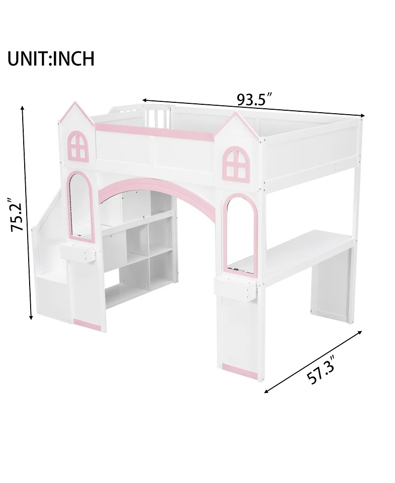 Streamdale Furniture Full Size Wood Castle Loft Bed with Storage, Desk, and Led Lights