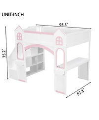 Streamdale Furniture Full Size Wood Castle Loft Bed with Storage, Desk, and Led Lights