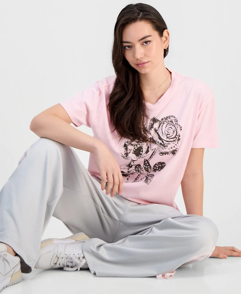 Rebellious One Juniors' Rose Mineral-Wash Rhinestone Short-Sleeve T-Shirt