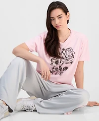 Rebellious One Juniors' Rose Mineral-Wash Rhinestone Short-Sleeve T-Shirt
