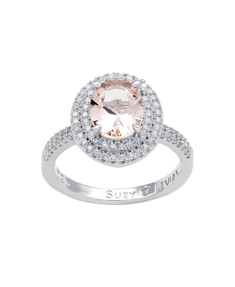 Suzy Levian Sterling Silver Oval Cubic Zirconia Pave Double Halo Ring
