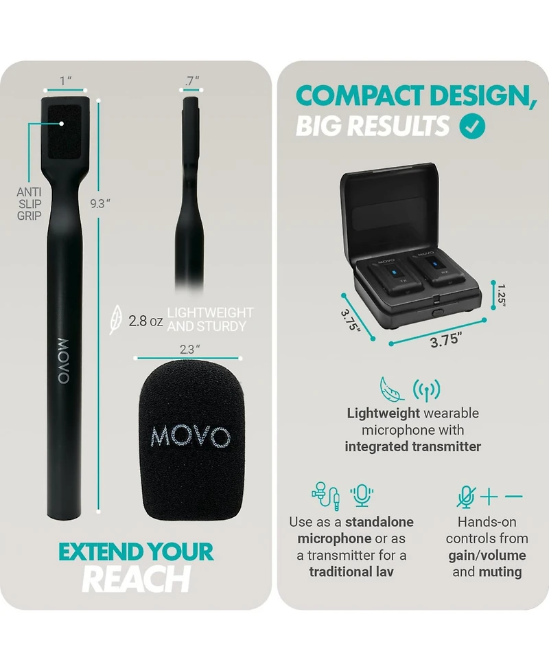 Movo Wmx-2 Wireless Lavalier Microphone System with Charging Case and Interview Mic Handle for Cameras
