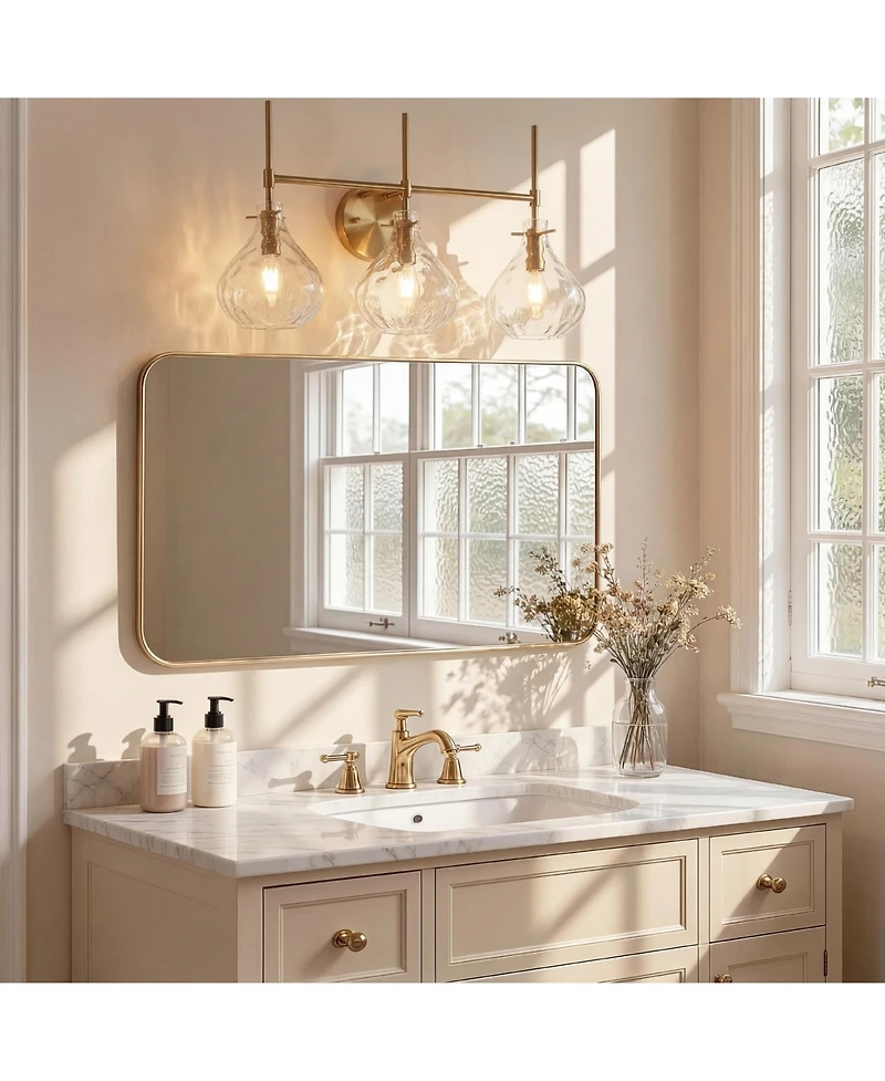 Tribesigns 3-Light Bathroom Vanity Light with Water Ripple Glass Shades, Modern Gold Wall Light Fixture