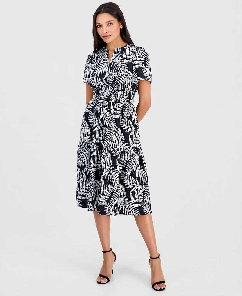 Robbie Bee Women's Printed Smocked-Waist Short-Sleeve Midi Dress
