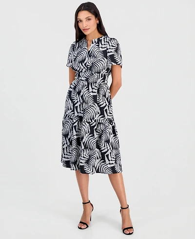 Robbie Bee Women's Printed Smocked-Waist Short-Sleeve Midi Dress
