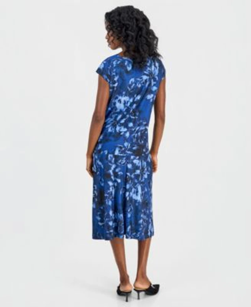 Kasper Womens Printed Bow Neck Extended Shoulder Top Pull On A Line Midi Skirt