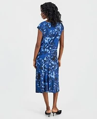 Kasper Womens Printed Bow Neck Extended Shoulder Top Pull On A Line Midi Skirt