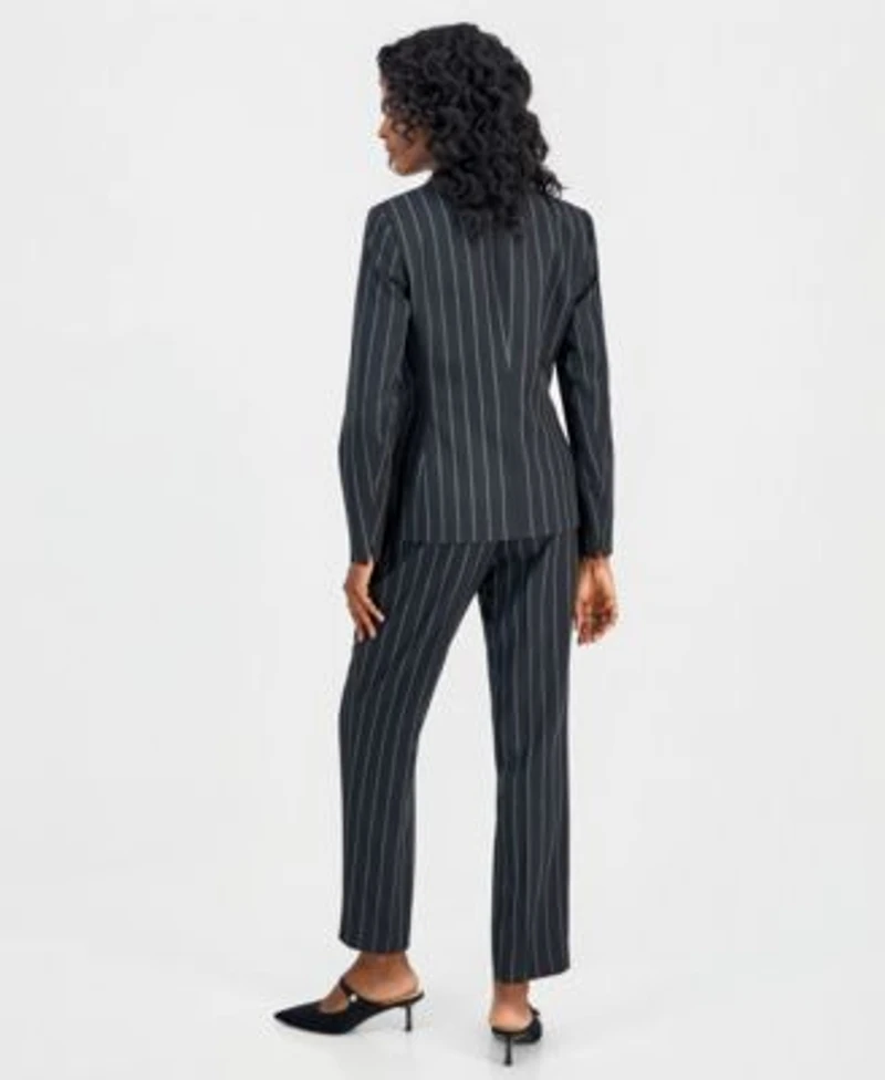 Kasper Womens Notch Lapel Pinstripe Jacket Tie Neck Sleeveless Blouse Ava Straight Leg Pinstripe Pants