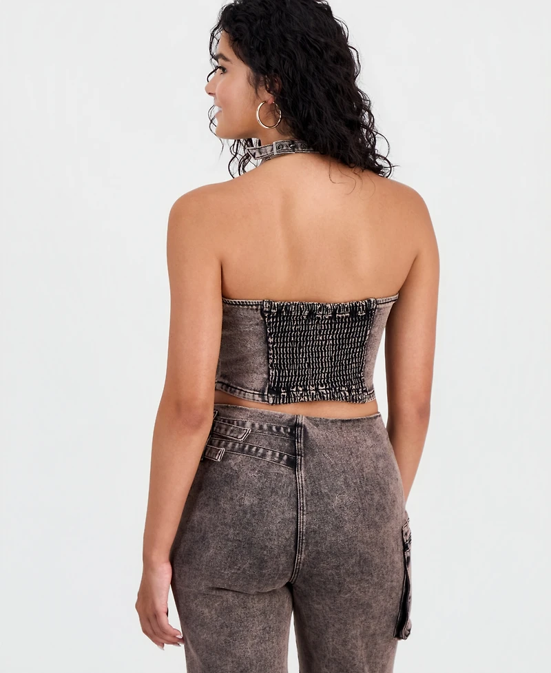 Bar Iii Women's Dirty Denim Halter-Neck Top, Macy's Exclusive