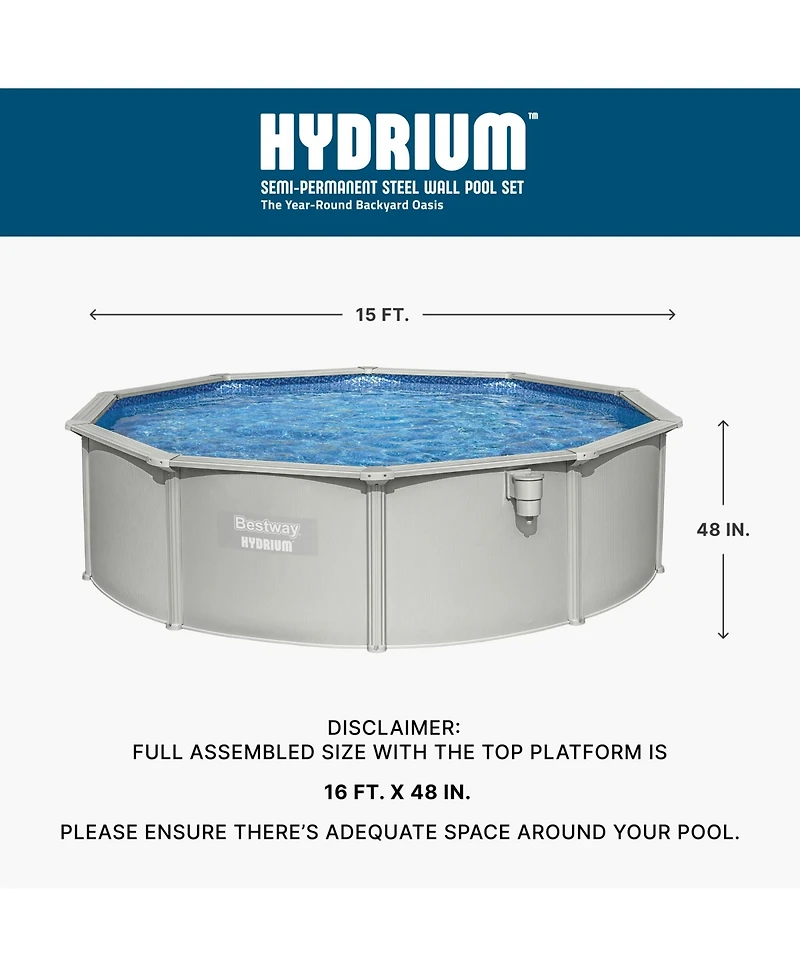 Bestway Hydrium 15' x 48" Round Steel Wall Above Ground Swimming Pool Set, Gray