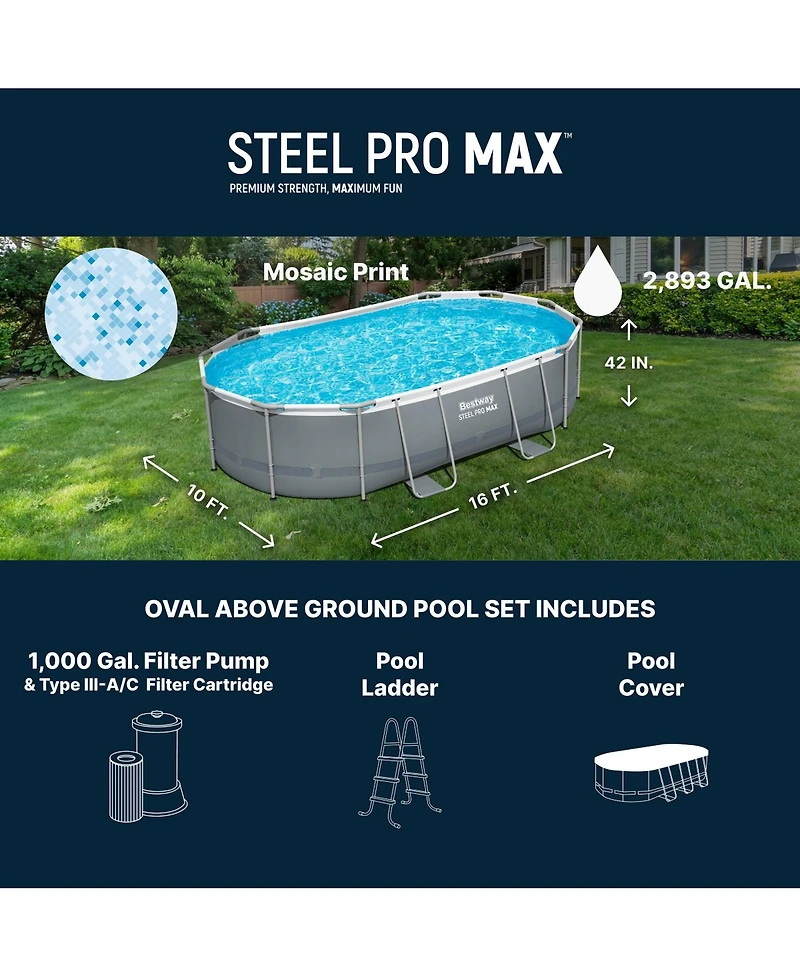 Bestway Power Steel 16' x 10' x 42" Rectangular Above Ground Swimming Pool Set