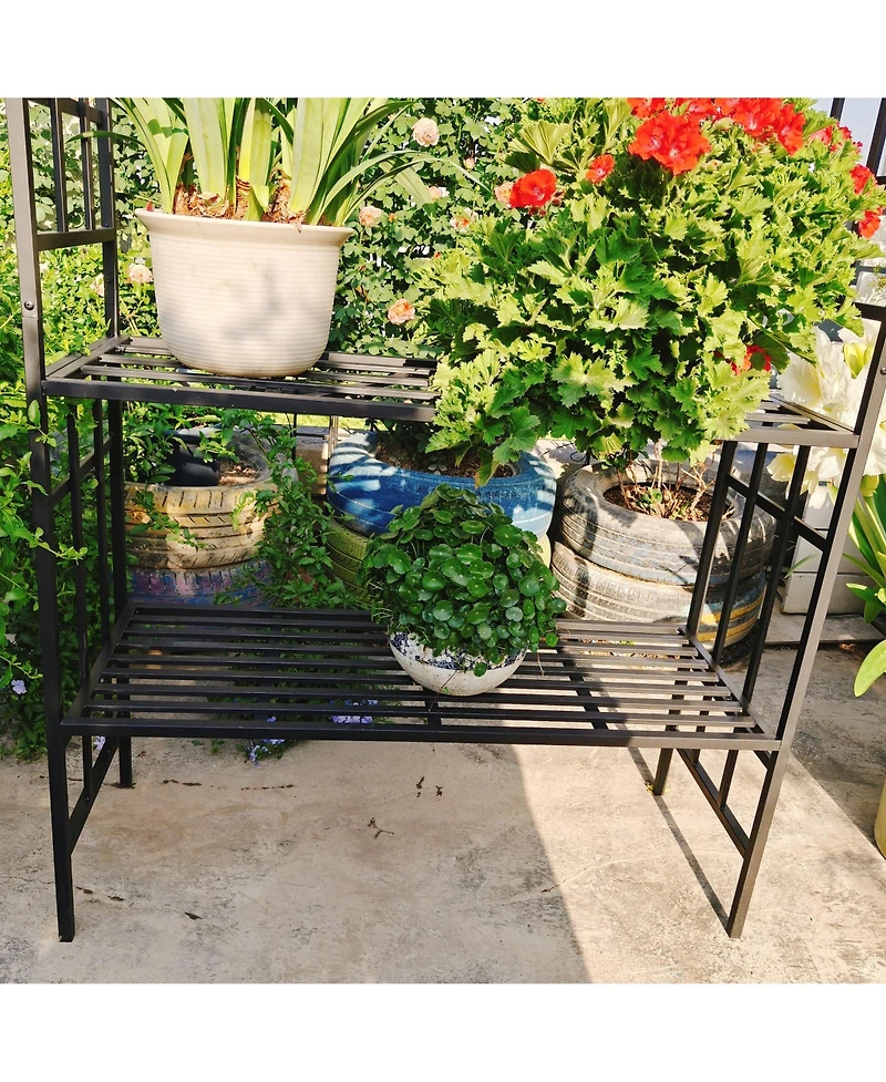 Clihome Metal Garden Arch with Bench Turned into Flower Stand W58.07H97.24 Climbing Plants Support Rose Arch Outdoor