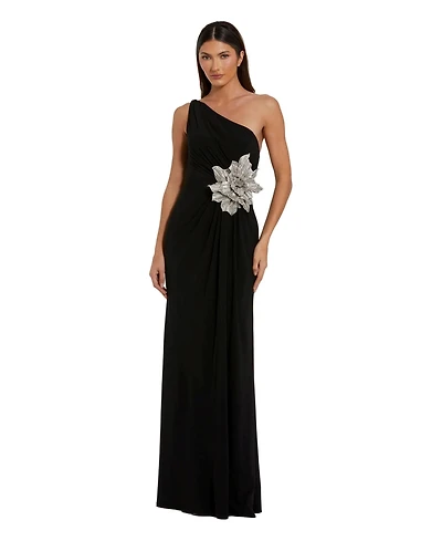 Mac Duggal Women's One Shoulder Jersey Gown with Rhinestone Floral Applique
