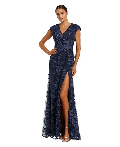 Mac Duggal Petite Faux Wrap Embroidered Cap Sleeve Gown