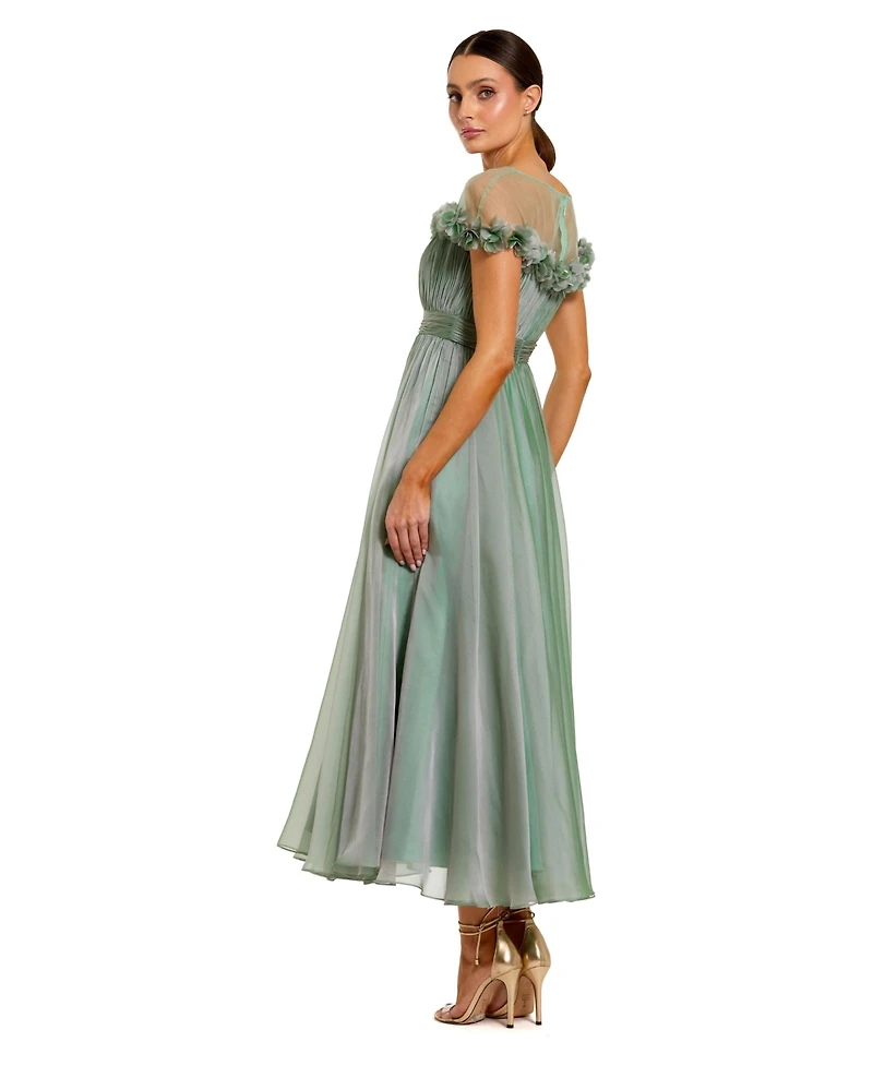 Mac Duggal Women's Chiffon Illusion Neck Midi Dress With 3D Flowers