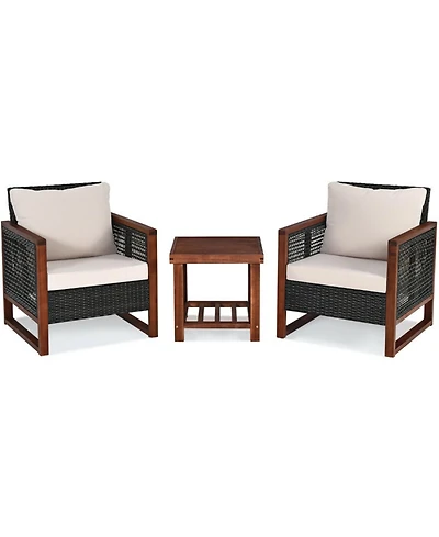 Clihome 3 Pieces Acacia Wood Patio Furniture Set with Coffee Table and Cushions