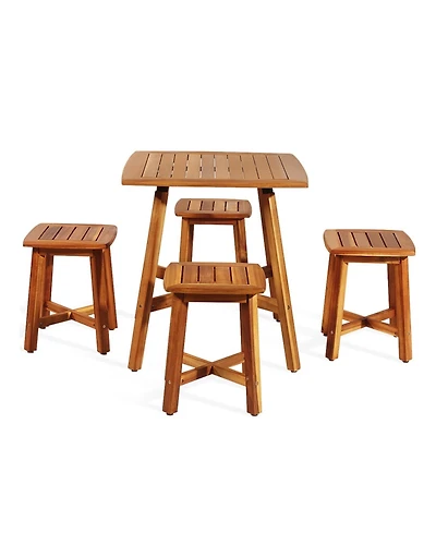 Clihome 5 Pieces Wood Patio Dining Set with Square Table and 4 Stools