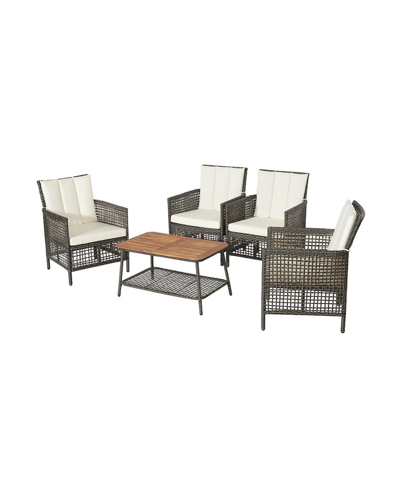 Clihome 5 Pieces Patio Rattan Furniture Set Cushioned Sofa Wooden Tabletop