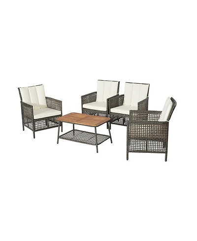 Clihome 5 Pieces Patio Rattan Furniture Set Cushioned Sofa Wooden Tabletop
