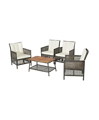 Clihome 5 Pieces Patio Rattan Furniture Set Cushioned Sofa Wooden Tabletop