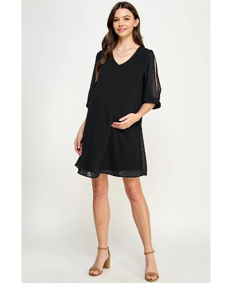 Hello Miz Maternity Swiss Dot Split Sleeve V Neck Dress