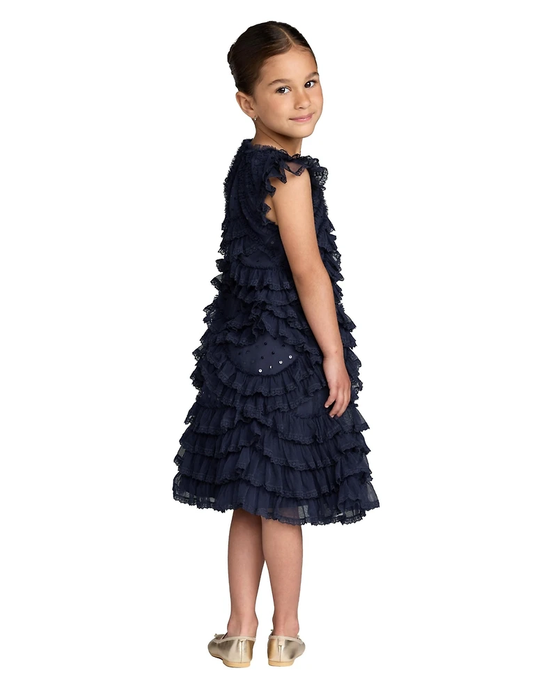 Mac Duggal Big Girls High Neck Cap Sleeve Micro Ruffle Dress