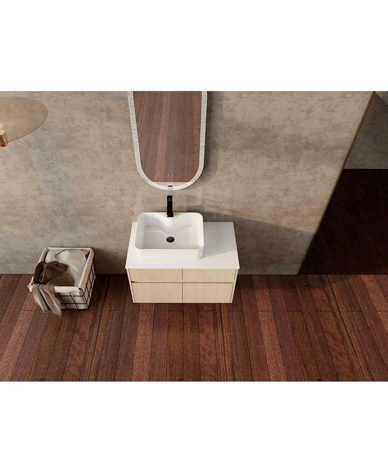 Sillysis Inch Wall Mounted Bathroom Vanity with Ceramic Sink, Storage Drawers and Wood Grain Finish for Modern Bathrooms