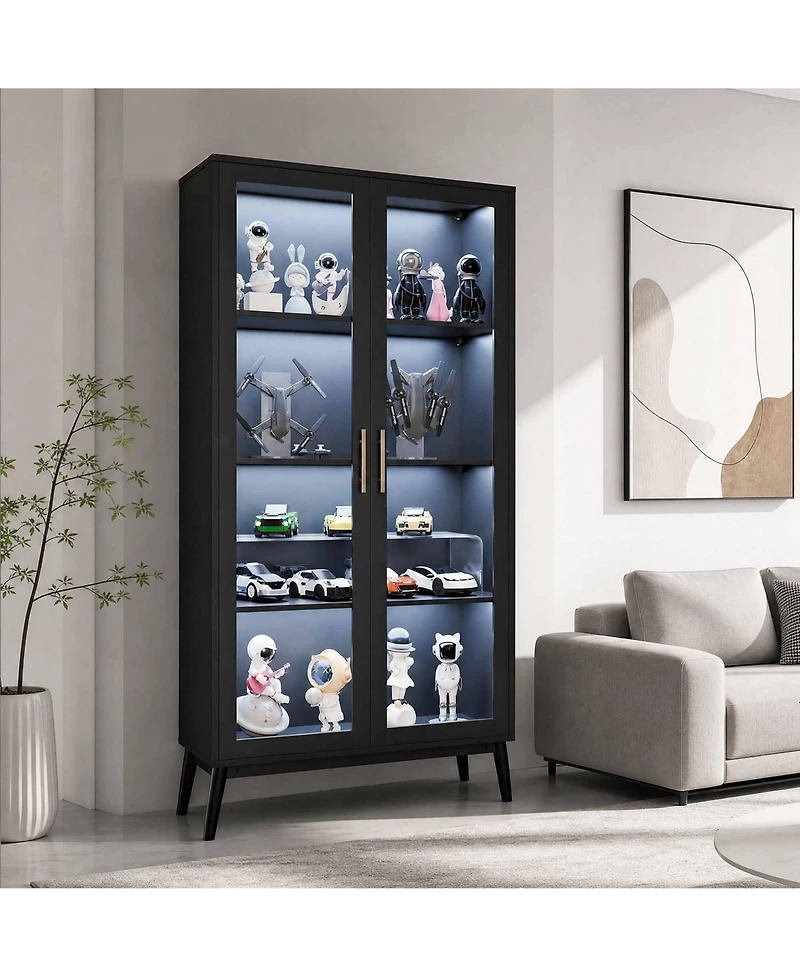homfan Set of 2 Glass Display Cabinet with Led Lights - 4-Tier Curio Cabinet with Glass Doors, Smart Sensor and Usb Charging