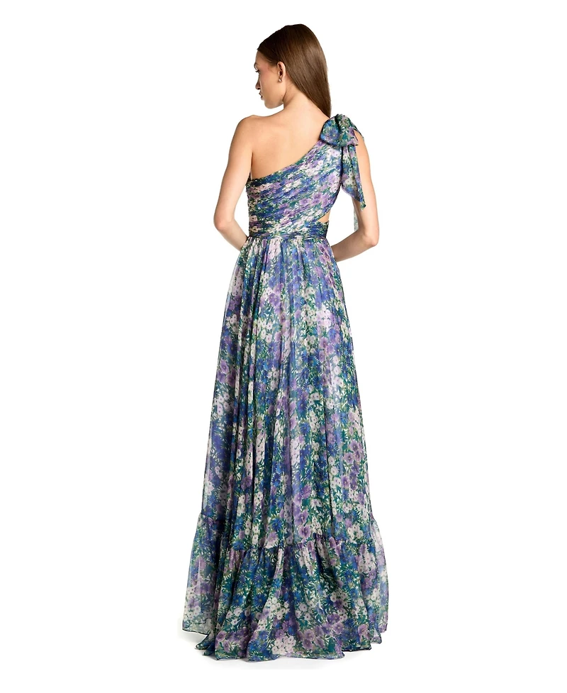 Mac Duggal Petite One-Shoulder Floral Printed Chiffon Cutout Gown