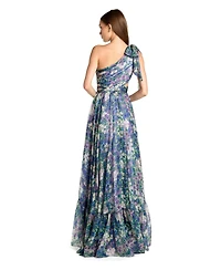 Mac Duggal Petite One-Shoulder Floral Printed Chiffon Cutout Gown