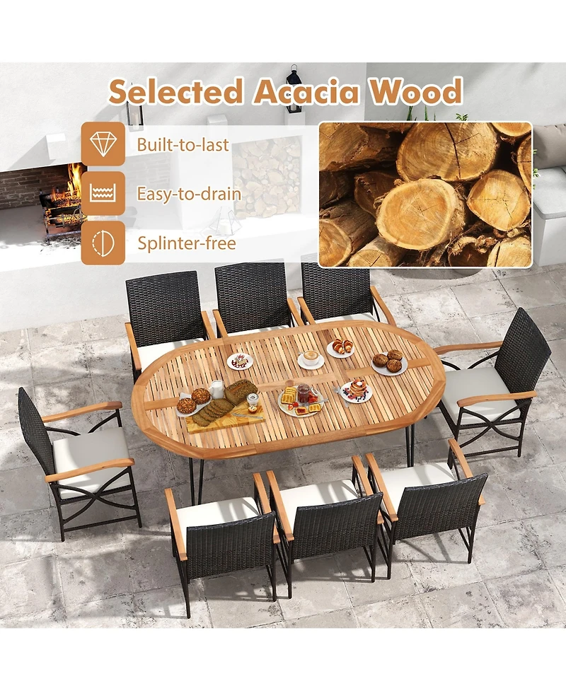 Gymax 9 Pcs Rattan Dining Set Acacia Wood Table and 8 Patio Wicker Armchairs Patio