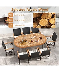 Gymax 9 Pcs Rattan Dining Set Acacia Wood Table and 8 Patio Wicker Armchairs Patio