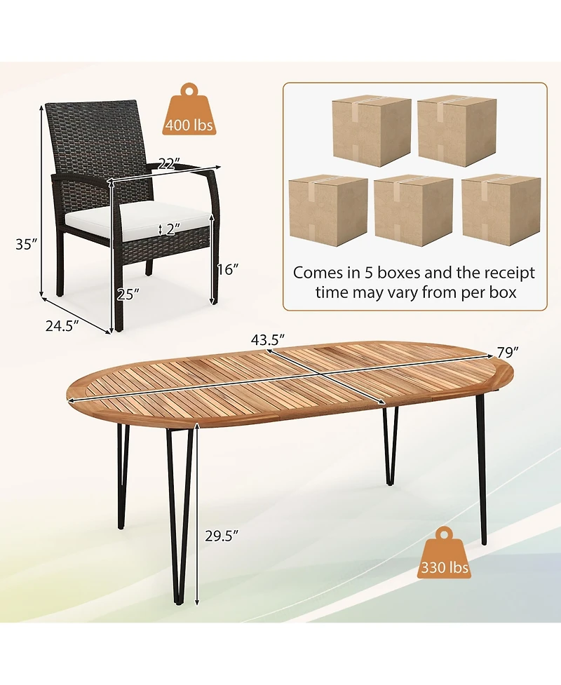 Gymax 9 Pcs Patio Rattan Dining Set Acacia Wood Table and 8 Patio Wicker Armchairs
