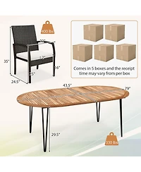 Gymax 9 Pcs Patio Rattan Dining Set Acacia Wood Table and 8 Patio Wicker Armchairs