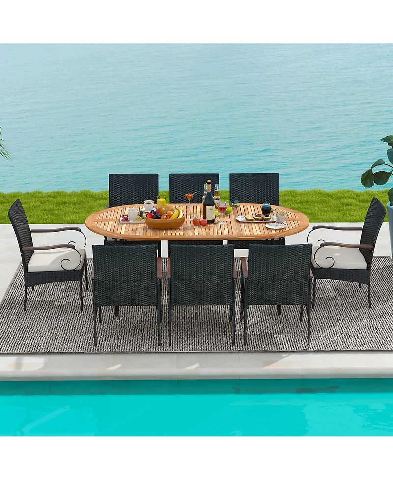 Gymax 9 Pcs Acacia Wood Table and 8 Patio Wicker Armchairs Patio Rattan Dining Set