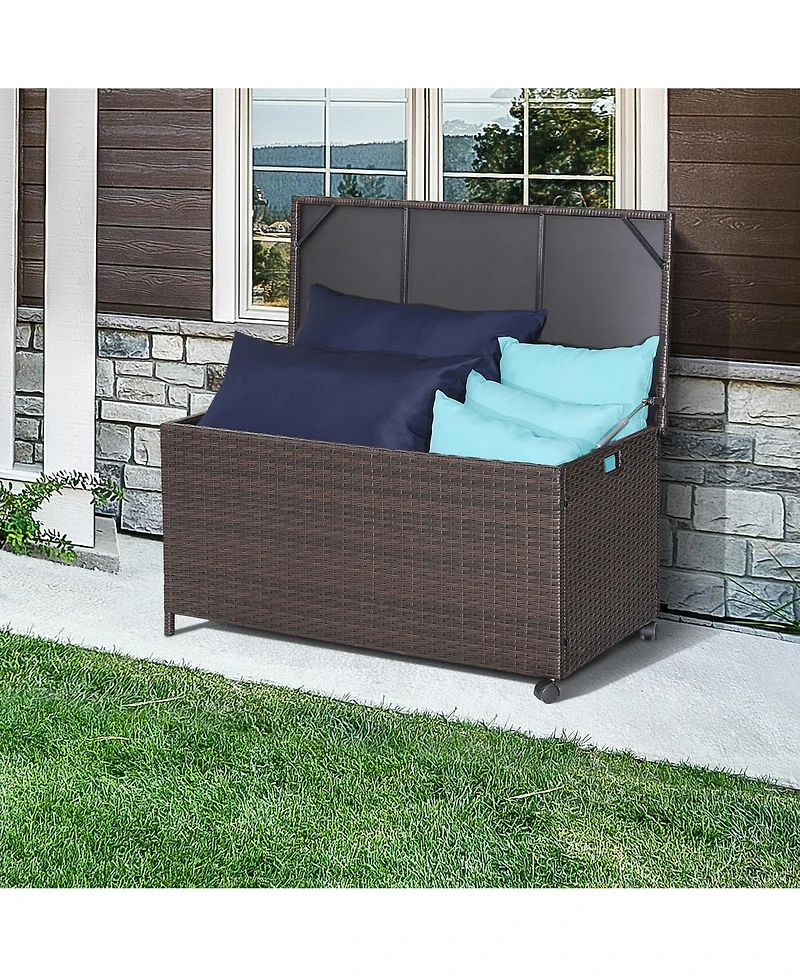 Gymax 50 Gallon Patio Pe Wicker Storage Box Rattan Deck Bin with Waterproof Liner and Wheels