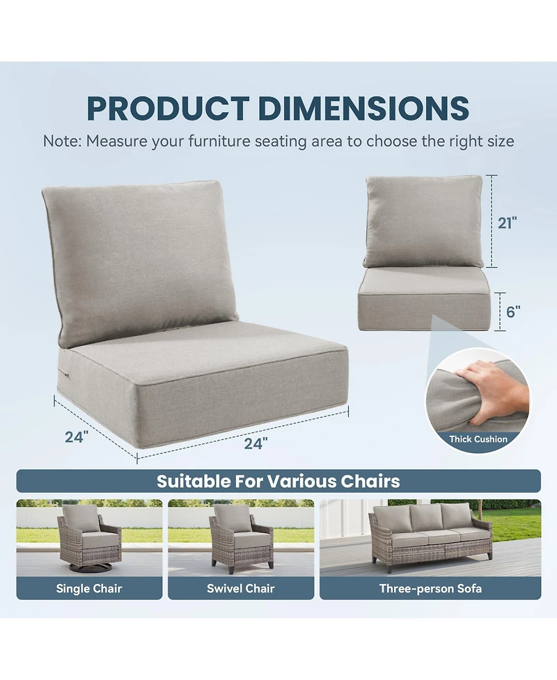 Pocassy Outdoor Deep Seat Cushion Set, Water-Resistant Patio Furniture Cushions with Removable Cover, Set of 3