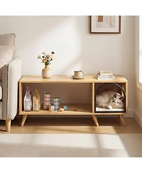 Gymax 40'' Coffee Table w/ Cat House 2-in-1 Farmhouse Cat Furniture Coffee Table