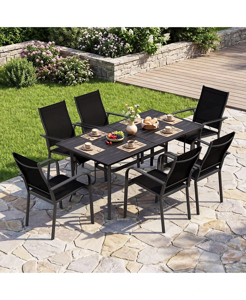 Gymax 7PCS Patio Dining Set for 6 Metal Table w/Umbrella Hole and Stackable Armchairs